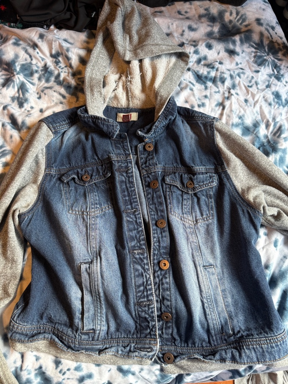 lei Blue Denim Jacket with Grey Knit Hood & Sleeves